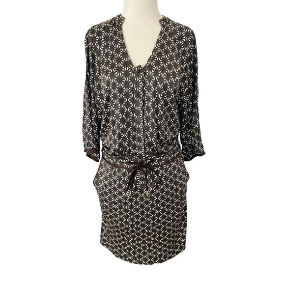 Etcetera Size 0 Silk Rayon Blend Luxury Long Sleeve Brown Print Dress tie waist - Picture 1 of 8